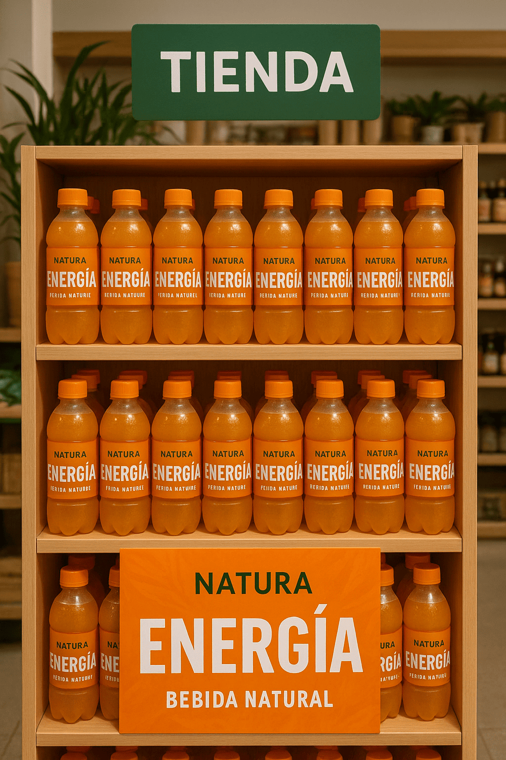 Estante con varios envases en exhibicion de Natura Energia
